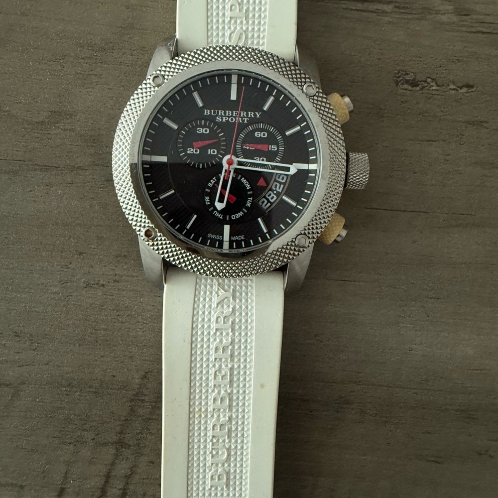 Burberry Sport Black Dial Watch with Silver Case and White Strap